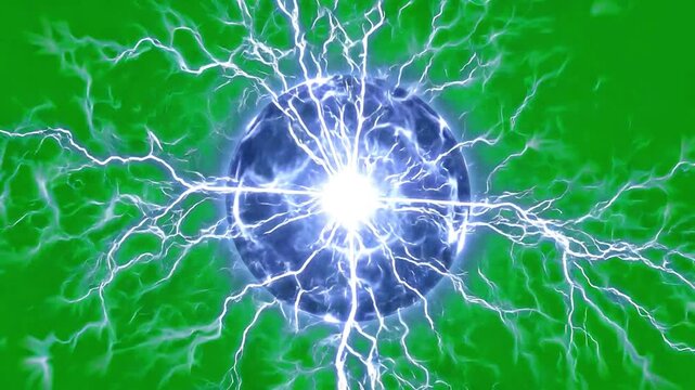 Close-up of a high-voltage electrical discharge with lightning bolts around a glowing sphere in a green background