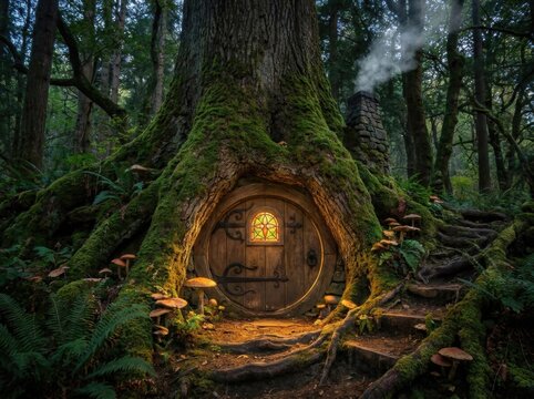 Glowing fantasy tree house with round wooden door and upper windows in mossy forest
