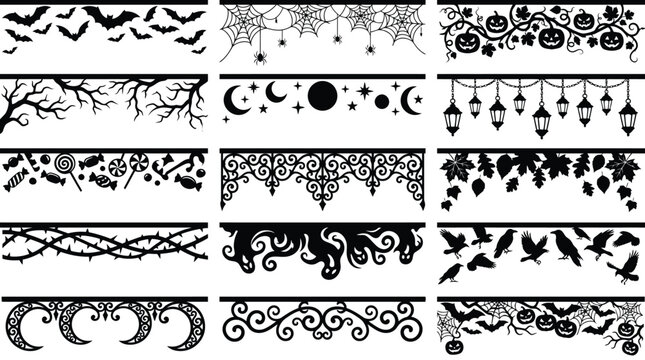 Decorative Halloween horizontal borders featuring bats, spiderwebs, pumpkins, branches, lanterns, leaves, ghosts, and ravens.