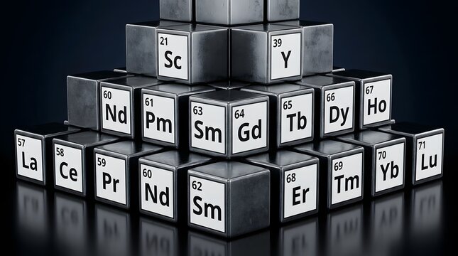 Stack of Metallic Cubes Displaying Symbols and Atomic Numbers of Rare Earth Elements from the Periodic Table