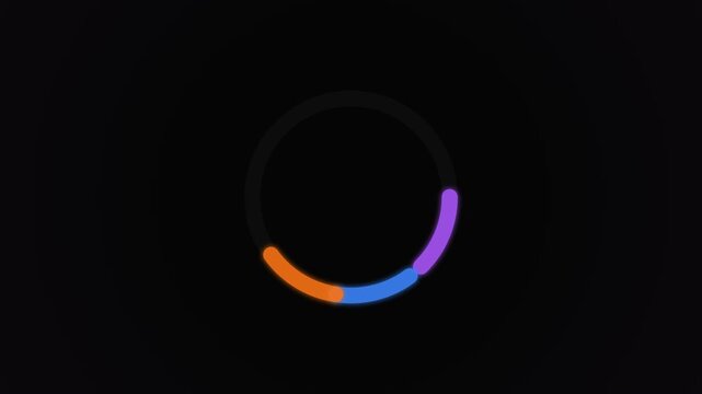 Minimalist circular preloader with colorful glowing segments on a dark background, representing digital data loading and buffering, ideal for website interface design and app development.
