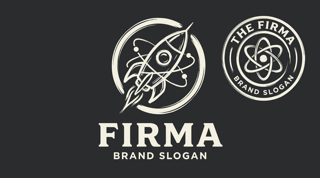 Retro rocket ship launch illustration. Vintage space technology logo design template. Atomic energy symbol badge art. Hand drawn vector graphic for brand.