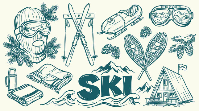 Vintage winter sports equipment collection. Hand drawn ski gear and mountain lodge illustration. Retro winter holiday elements for outdoor adventure. Winter resort icons set.
