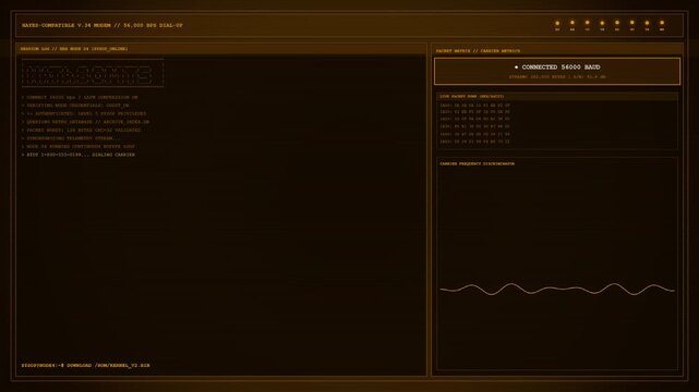 Retro Cyberpunk BBS Computer Terminal Screen with Glitchy Matrix Data
