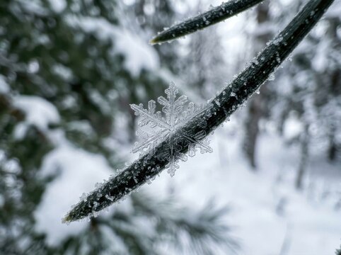 Delicate transparent snowflake macro shot highlighting intricate geometric patterns on pine