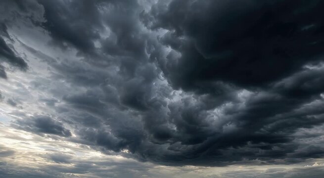 Dramatic dark storm clouds rolling across a turbulent, ominous sky above a distant horizon