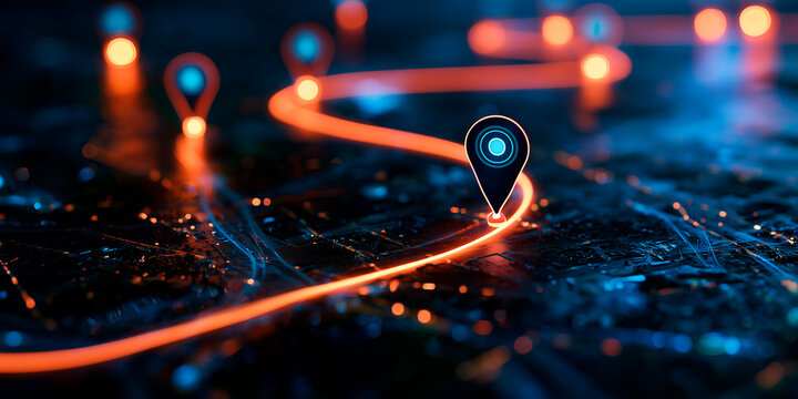 Abstract night city map with glowing light path and digital location markers illustrating route optimization and logistics planning for modern supply chain and delivery services