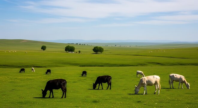 Cattle herd grazing on a wide green summer pasture with livestock