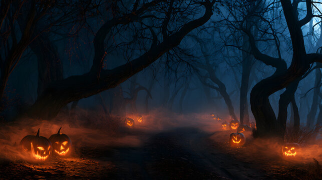 A spine-chilling Halloween tableau reveals itself as night falls, with flickering jack-o'-lanterns casting eerie light along a twisty trail through a dense, foggy woods.