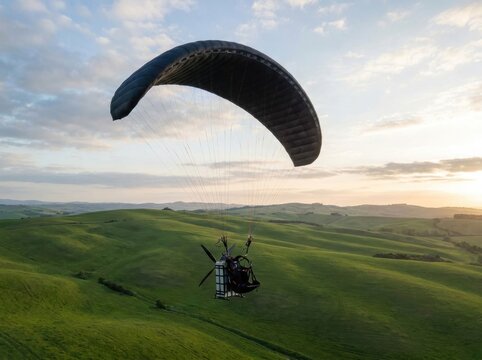 Sunset flight of an electric paraglider showcasing silent motor design