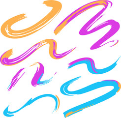 Fototapeta premium Vibrant neon brush strokes set, colorful paint swashes in pink orange and blue, artistic vector brushstrokes for creative graphic design and social media