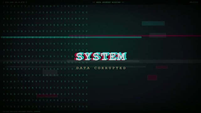 Digital glitch effect with corrupted system data text on a dark technological background