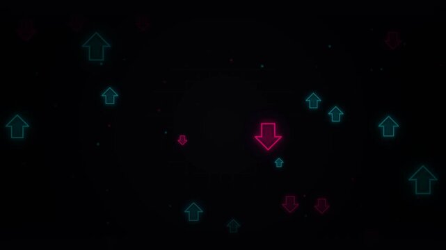 Glowing neon arrows with floating green upward and red downward indicators on dark background, concept for stock market fluctuations, ideal for cryptocurrency trading graphics and financial