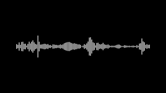 Sound waveform spectrum animation on black background. White sound waves meter- Lines audio wave visualisation, music sound wave animation,  music waves oscillation. 4k video
