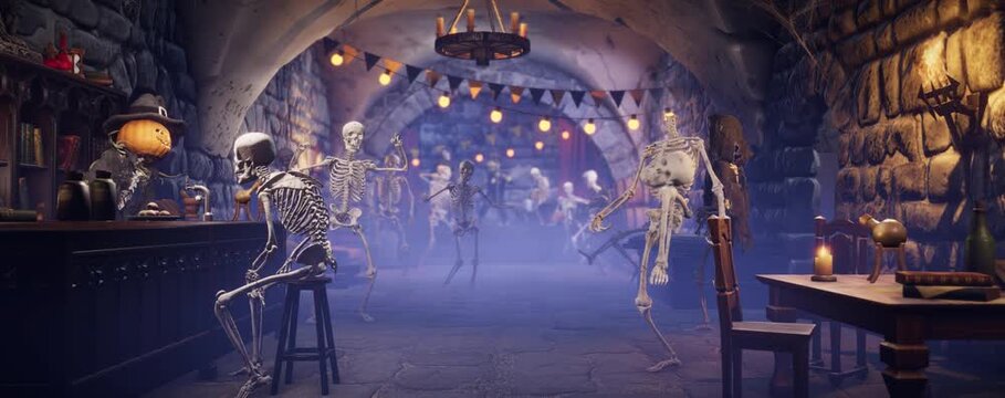 Funny Frankenstein at Halloween party in gothic dungeon pub with skeletons dancing on background, 3D render