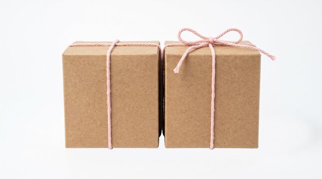 Two Kraft Paper Gift Boxes Tied With Pink Twine On White Background