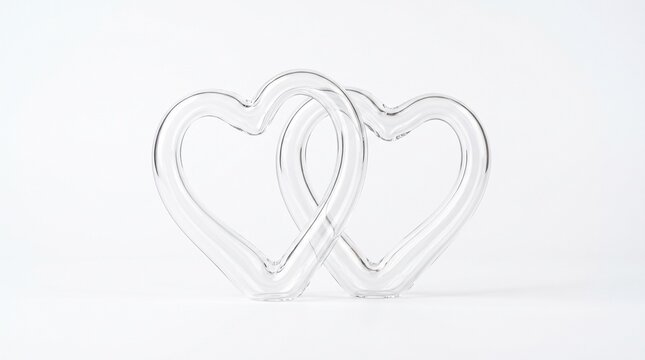 Two intertwined glass hearts on a white background symbolizing love and connection