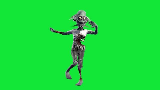 Funny and creepy zombie dancing isolated on a green screen. Halloween looped 3D animation