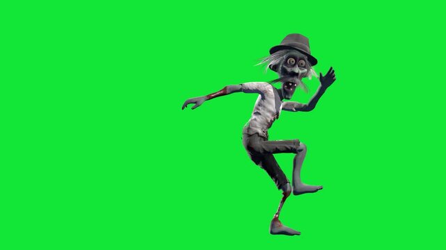 Funny and creepy zombie dancing isolated on a green screen. Halloween 3D animation