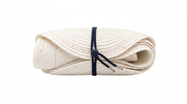Rolled up straw hat with drawstring on white background