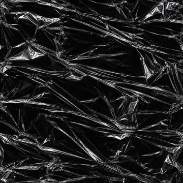 Generative AI wrinkled clear plastic wrap texture overlay on black background