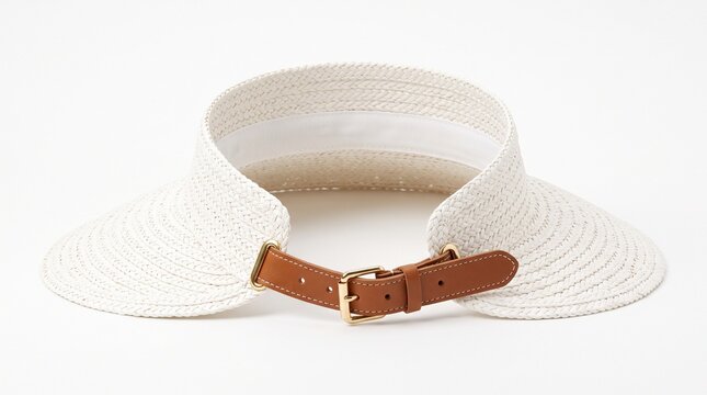 White Woven Straw Sun Visor Hat with Brown Leather Strap and Buckle