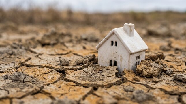 Miniature house model sitting on parched cracked earth during a drought