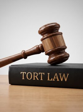 tort law concept Wooden judge gavel resting on a black Tort Law legal textbook