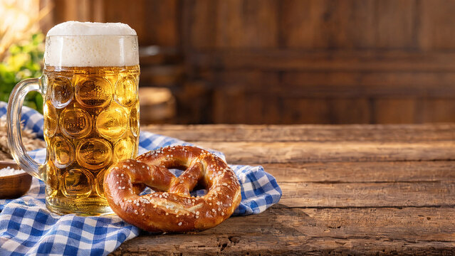 Tall beer stein beside a soft pretzel on a blue and white checked cloth