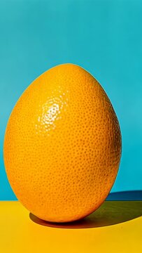Vibrant Citrus: A single, textured orange rests on a striking yellow surface against a bright blue background, its peel catching the light.