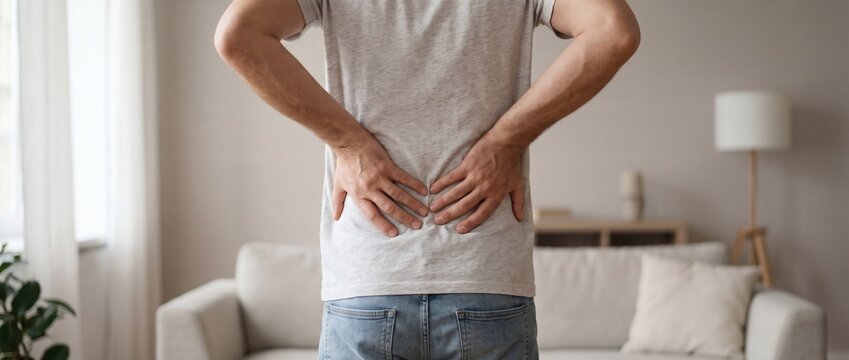 Person standing with both hands on lower back in acute pain, woman suffering lumbar spine stiffness ache. Suffering individual endures sharp lumbago strain and chronic sciatica disc discomfort.