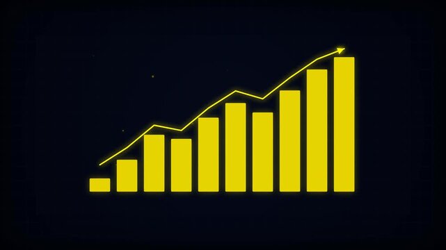 Bright yellow bar graph with an ascending arrow line on a dark background, representing business growth and market success, ideal for corporate financial reports and investment presentations.