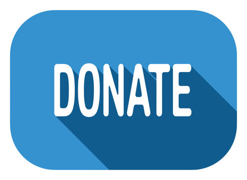 Donate Button: A simple blue button with rounded corners features the word DONATE in white capital letters, casting a long shadow, indicating a call to action for financial contribution.