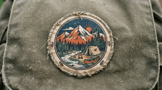 Circular camping patch sewn on green canvas backpack