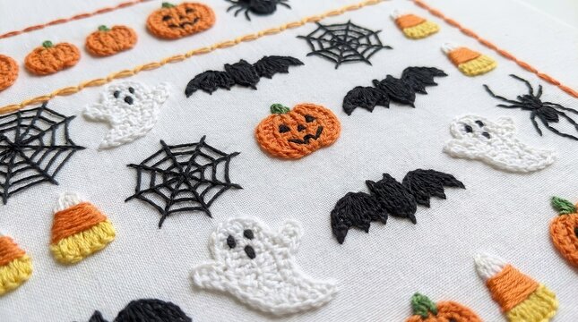 Handmade Halloween embroidery sampler with pumpkins, bats, and ghosts