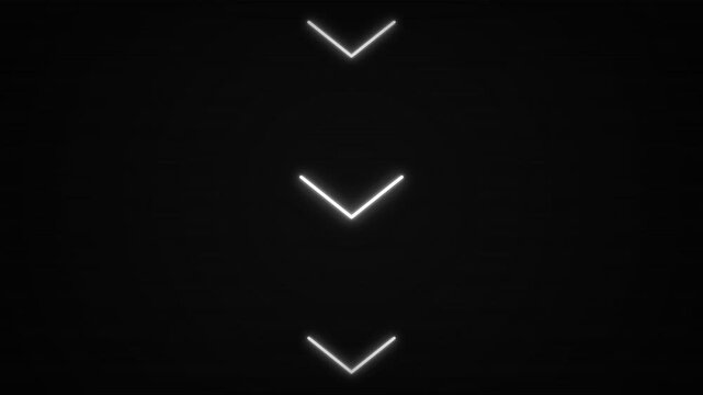 Minimalist neon arrows with glowing white chevrons pointing downwards on a dark textured background, concept for digital navigation and scrolling guidance, ideal for website design and modern video