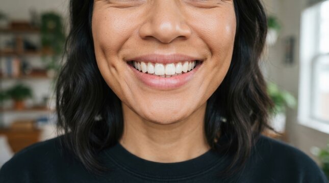 Close-up of a smiling woman showing white teeth and dimples