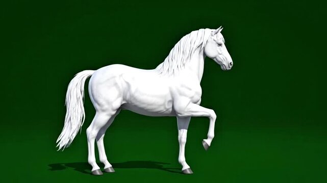 Majestic White Horse Standing and Moving on Green Screen Background