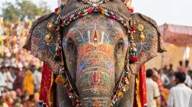 Decorated Indian elephant with traditional colorful paint and ornaments during festival
