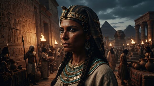 Egyptian queen standing in ancient city with pyramids and Sphinx at dusk