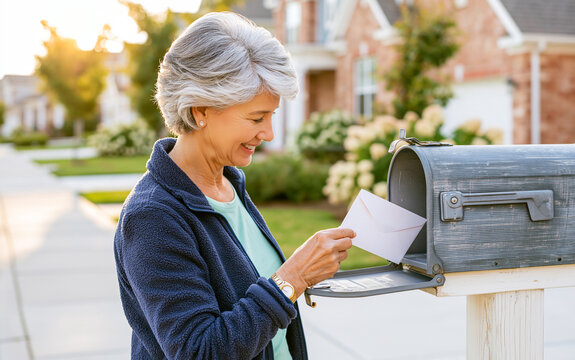 Senior woman checking her mailbox for letters and communication in the suburbs.