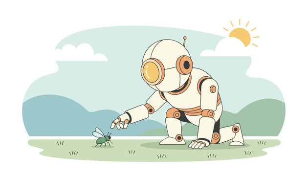 Friendly robot kneels in a grassy meadow under a sunny sky while gently reaching out to touch a small flying insect near the ground.