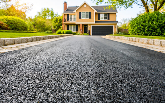 A newly restored asphalt driveway showcases freshly applied black sealcoat with a glossy finish.