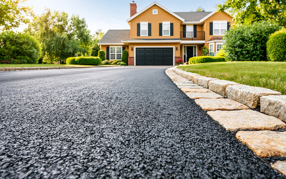 A newly restored asphalt driveway showcases freshly applied black sealcoat with a glossy finish.