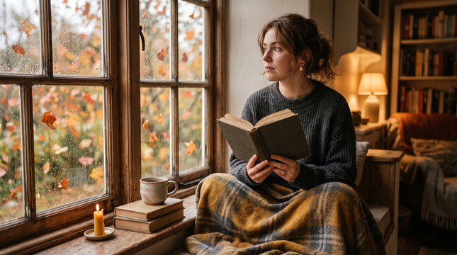 Woman reading book by rainy window with autumn leaves and candle