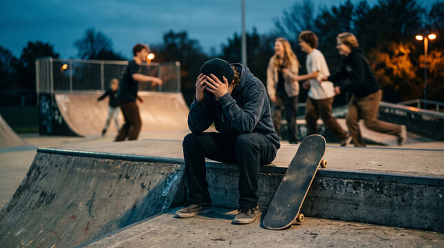 Teenager feeling sad and alone at a skatepark while friends have fun