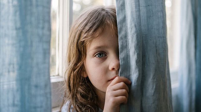 Young girl peeking from behind a blue curtain near a window