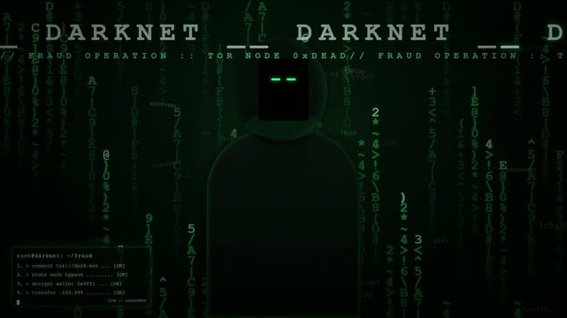 Mysterious Hacker Silhouette with Digital Matrix Code and Darknet Fraud Operation Text Overlay