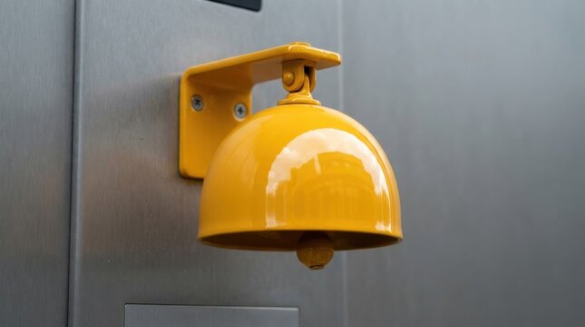 Bright yellow metallic safety bell mounted on a grey wall