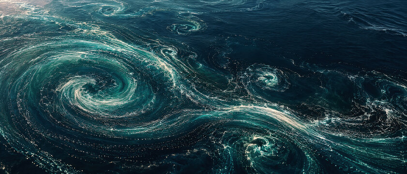 Aerial view of swirling ocean currents and eddies